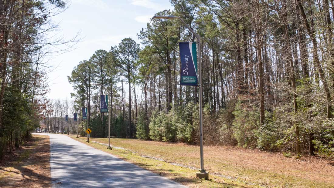 Road with banners on flag poles