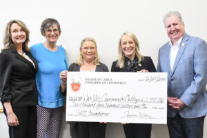 staff receiving donation with oversized check from donors