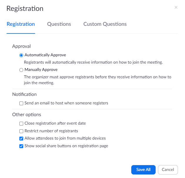 Zoom Registration Options